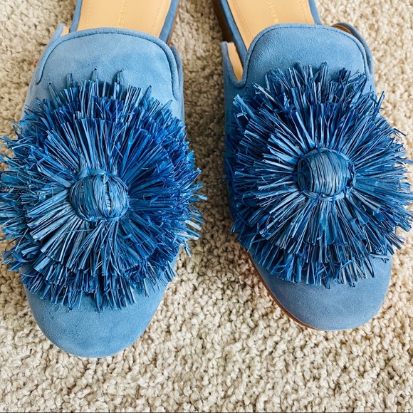 Beautiful Blue Suede Comfortable Round Toe Mules w Blue Raffia Accent Size 8.5 - Picture 7 of 10
